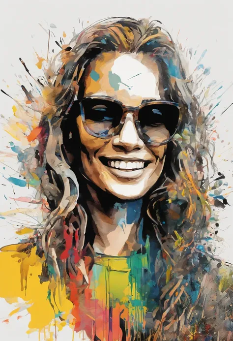 Front view of the scene; details in 8k; precision in details; Pablo Picasso style drawing. (((Wood Splash Style 1.4))); high color contrast; Abstract artistic drawing on a textured background of a brunette woman with long, wavy hair wearing square glasses,...