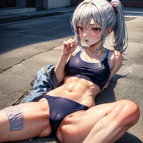 14 years old, school girl, sports bra, short , ponytail, fit clothes, red eyes, silver hair, spread leg, wet,