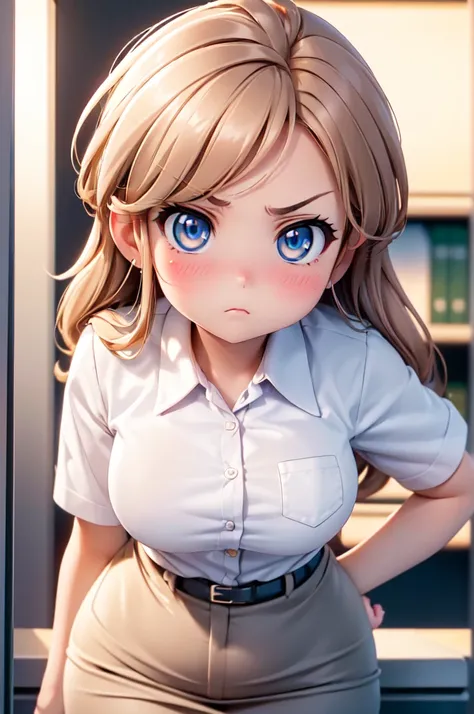 (high quality, High resolution, fine details, actual), ((((Cheeks puffed up)))), Put your hands on your hips, rely, alone, Miss, ((Female office worker)), Bright Eyes, (exquisite eyes), angry, blush, Shallow depth of field