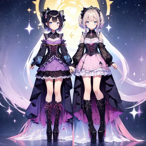 1girl、lower body shot、focus on boots、vtuber-halfbody、star fairy、「a beautifully printed galaxy patterned kimono and gothic lolita...