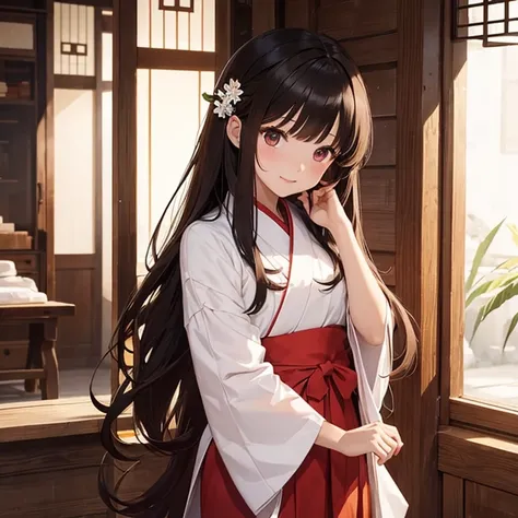 Short teenage miko in traditional Miko Shintō clothing, cuidando flores en su templo, ella es de piel oscura, long loose dark brown hair with bangs and deep amber eyes