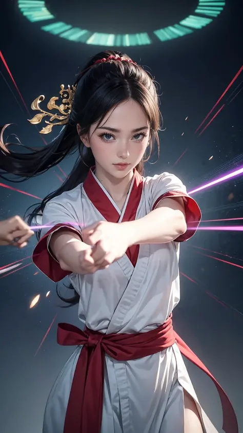 handsome chinese girl, clear eyes, clear facial features, wearing Hanfu, fighting stance, Martial arts moves, A body wrapped in purple mist, Runes around, holographic reality, holographic halo, motion blur, game light effects, edge light, soft light, movie...