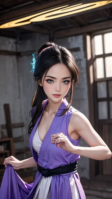 handsome chinese girl, clear eyes, clear facial features, wearing Hanfu, fighting stance, Martial arts moves, A body wrapped in purple mist, Runes around, holographic reality, holographic halo, motion blur, game light effects, edge light, soft light, movie...