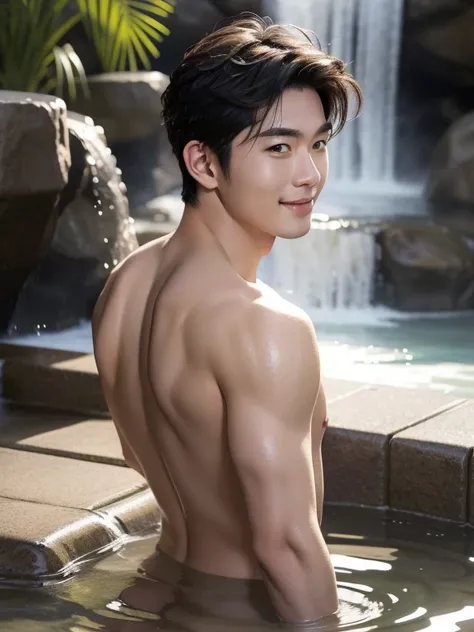 Naked man , Hot spring , steam , turn your face to the camera , early afternoon , Back view, looking back, butt , adorable smile , nude ,realistic handsome Japanese face , modest muscles , masterpiece、A high resolution、hyperrealism、detailed face、solo、a men...