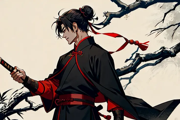 chinese general, man, 21 years old, combat arts, holding sword, hair is tied in a bun, wearing black hanfu, chinese amor and a black cloak, brave, proud