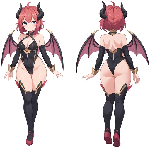 masterpiece, best quality, cute eyes, 1girl, solo, high fantasy costume, ((white background)), full body, multiple views, boots, leotard, succubus, devil horn, demon horn,