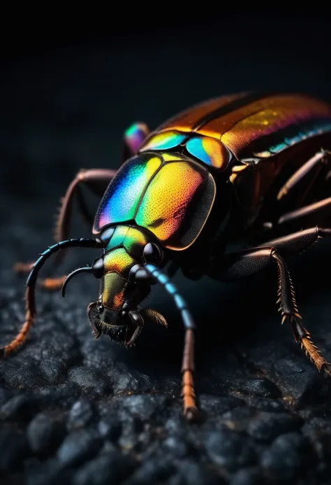 ((cinematography)) ((close shot))  colorful, iridescent scales on the exoskeleton of a longhorn beetle break,   the iridescence ...