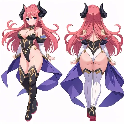 masterpiece, best quality, cute eyes, 1girl, solo, high fantasy costume, ((white background)), full body, multiple views, boots, leotard, succubus, horn,