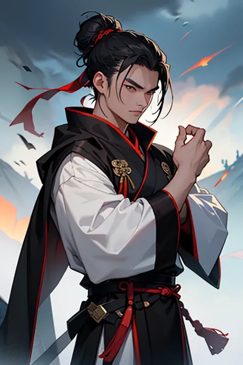 Half body of a chinese general, man, 21 years old, hair is tied in a bun, wearing black hanfu, armor and a black cloak, brave, proud, background is gray cloudy sky