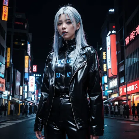 Midnight in Tokyo、In the middle of the road lit up with colorful neon lights、In a futuristic black suit overly decorated with blue LEDs all over his body、A woman with long, white hair is standing with a cigarette in her mouth