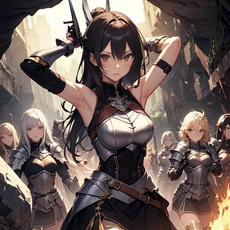 A group of  female knight, (in cave), various hair styles, harem, wearing armored clothes, metal armor, night, details face, , short skirt, seducing, sword, showing armpits, sleeveless, erotic