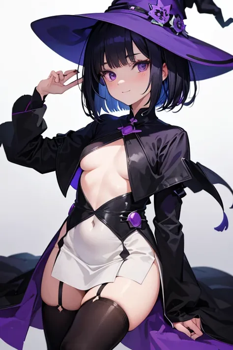 Witchs outfit, Anime-style portrait of a girl with a deep violet bob cut making eye contact with the camera, bright eyes, baby-faced, subtle smile, minimalistic background to emphasize character, high contrast, clean lines, digital painting, vivid colors