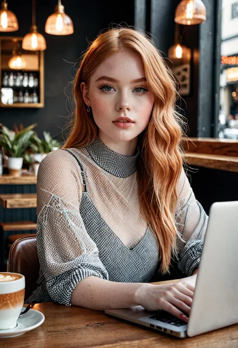 hasselblad shot of an instagram influencer, a beautiful and friendly young woman in a trendy cafe, she will be sitting at a tabl...