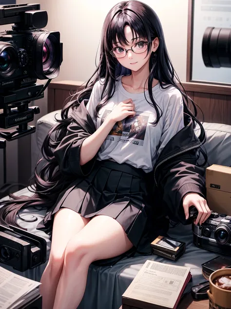 20 year old female、shiny hair quality、beautiful black hair、straight hair、super long hair、Shaggy Hair、Glasses、Glasses美人、woman holding a camera、Digital single-lens camera、Mirrorless Camera、cameraman、プロcameraman、shirt、skirt、cute、perfect skeleton