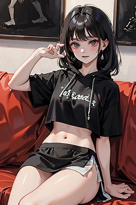 （masterpiece，highest quality），crop top look，Short sleeve hoodie，
(Black mini skirt with gingham check)，black haired