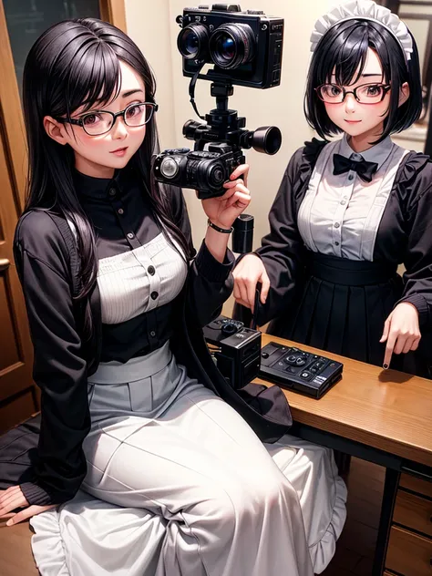 20 year old female、shiny hair quality、beautiful black hair、bob hair、Glasses、Glasses美人、Woman looking into the camera、Cosplay photoshoot、Digital single-lens camera、Mirrorless Camera、cameraman、プロcameraman、Maid clothes、skirt、cute、perfect skeleton