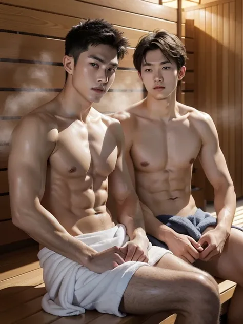 2 Naked men , sit side by side、Angle from the front、white waist towel, sauna,  sitting , sweaty face and body , steam ,  nude ,realistic handsome Japanese face , modest muscles , masterpiece、A high resolution、hyperrealism、detailed face、glowing skin、(Asian)...