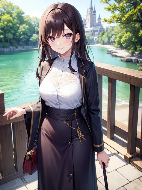 (best quality,8k,masterpiece:1.2),portraits,anime,aquarium,Japanese style,slim body,firm breasts,brown hair,cute face,blue to slightly purple eyes,slightly messy hair,smooth and white skin,she is taking a walk,happy expression,smiling face,amusement park s...