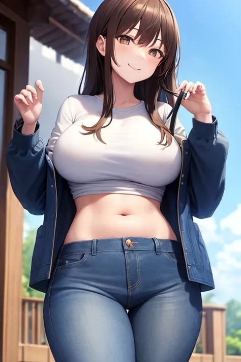 ((highest quality)), ((masterpiece)), (be familiar with), perfect face,belly button,brown hair,white shirt,long hair,belly button,blue jacket,blue sky,outdoor,smile,big breasts,short jeans,panties are visible