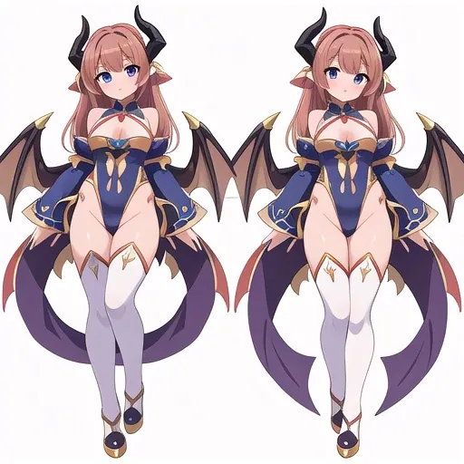 masterpiece, best quality, cute eyes, 1girl, solo, high fantasy costume, ((white background)), full body, multiple views, leotard, succubus, dragon horn, detached sleeves,