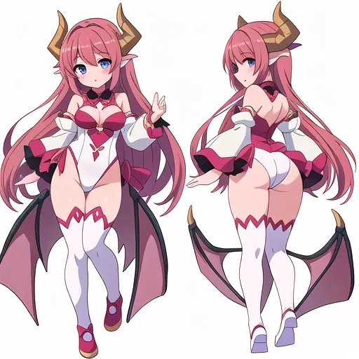 masterpiece, best quality, cute eyes, 1girl, solo, high fantasy costume, ((white background)), full body, multiple views, leotard, succubus, dragon horn, detached sleeves,