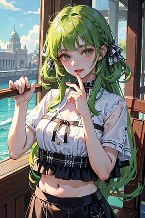 （masterpiece，highest quality），crop top look，Short sleeve hoodie，
(Black skirt with gingham check)，green haired, long ringlets, bangs.