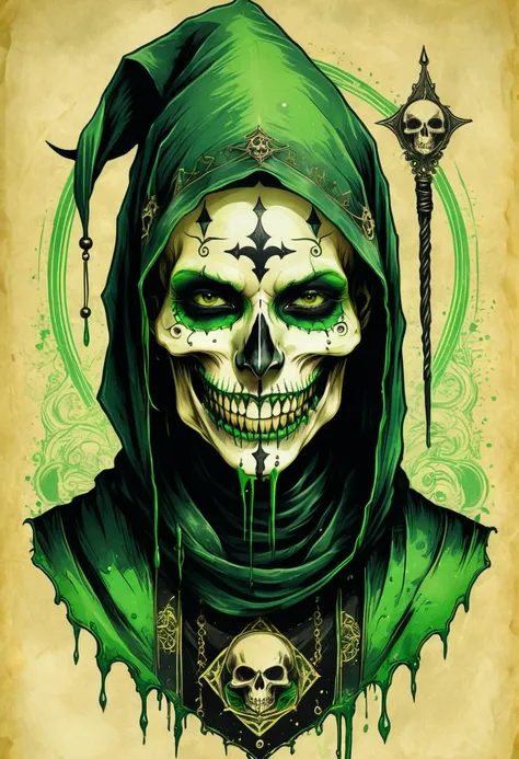 Black and green Ink illustration on old yellowed parchment. Tarot card style. Close up Portrait. Plague herald. insane smile. Skull make up face. Hood. Monk robe. Dark fantasy aesthetic.