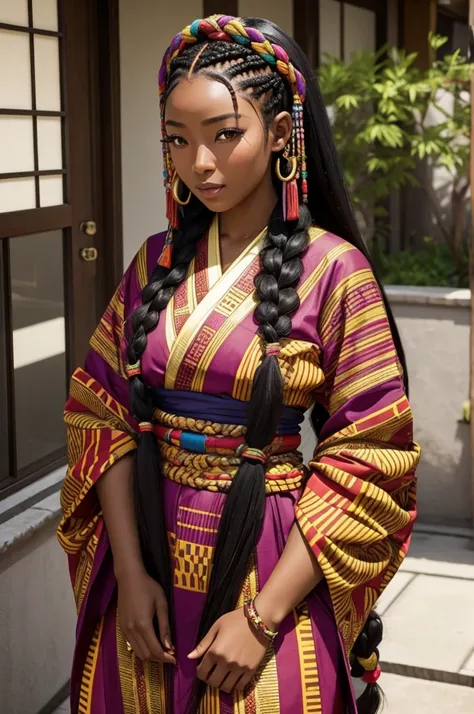 Beautiful lady who is Half African and half Japanese. Dark skin. Asian facial features. thick long hair in African braids. Wearing colorful Laplander outfit.
