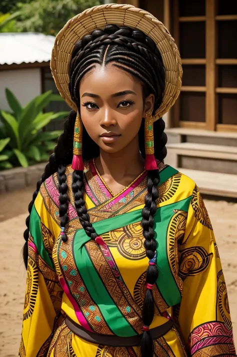 Beautiful lady who is Half African and half Japanese. Dark skin. Asian facial features. thick long hair in African braids. Wearing colorful Laplander outfit.
