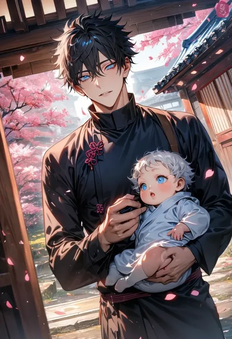 (absurdres, highres, ultra detailed, HDR), master piece, best quality, vibrant blue eyes, Gojo Satoru as a baby, white hair, hair between the eyes, white eyelashes, Jujutsu Kaisen, Dan Heng black hair with bangs, vibrant blue eyes, a man holding a baby, ha...