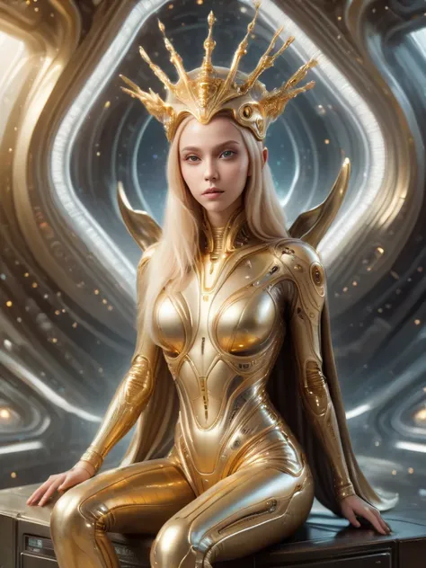 full body shot, masterpiece, highest quality, (realistic:1.4), beautiful blonde woman photo, wearing golden alien skin clothing,...