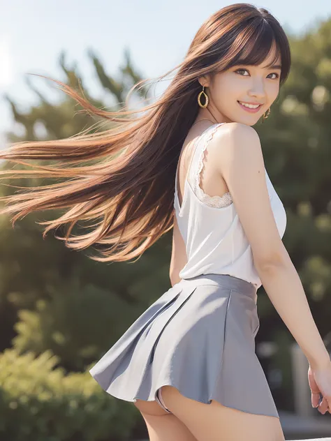 masterpiece、japanese woman, 20-year-old, Beautiful woman、long black wavy hair、bangs、plump bust、Spring-like outfit、 cute smile、((Pose that emphasizes the buttocks、looked back))、sexy hips、white high heels、big necklace、((((the wind blew my skirt, expose my pa...