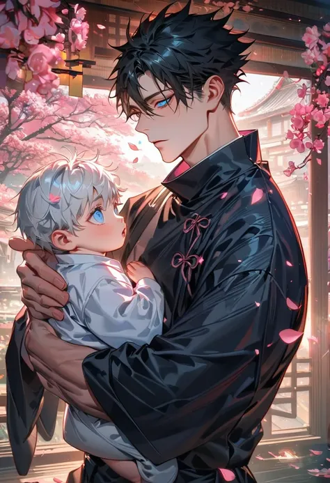 (absurdres, highres, ultra detailed, HDR), master piece, best quality, vibrant blue eyes, Gojo Satoru, white hair, hair between the eyes, white eyelashes, Jujutsu Kaisen, Dan Heng, black hair with bangs, vibrant blue eyes, 2men together, gay, holding a bab...