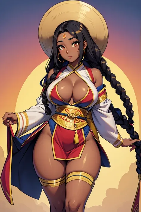 Beautiful lady who is Half African and half Japanese. Dark skin. Asian facial features. thick long hair in African braids. Wearing colorful Laplander outfit. ultra-thin-waist, ultra-wide-hips, large breasts.
