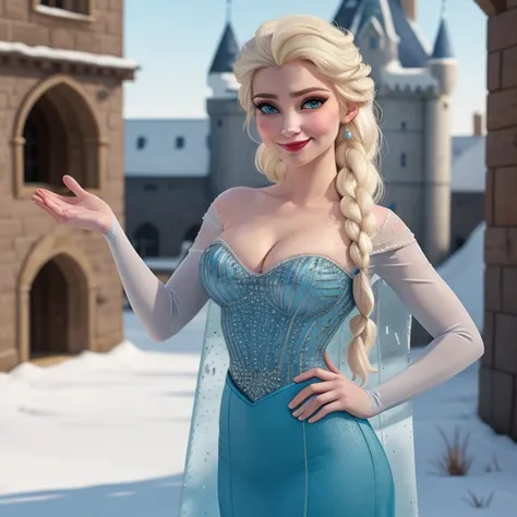 (masterpiece, best quality:1.2), elsa, 1girl, solo, looking at viewer, blue dress, from frozen, cleavage, long white hair, blue ...