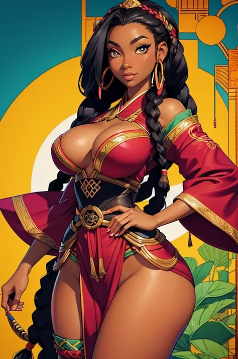 Beautiful lady who is Half African and half Japanese. Dark skin. Asian facial features. thick long hair in African braids. Wearing colorful Laplander outfit. ultra-thin-waist, ultra-wide-hips, large breasts.
