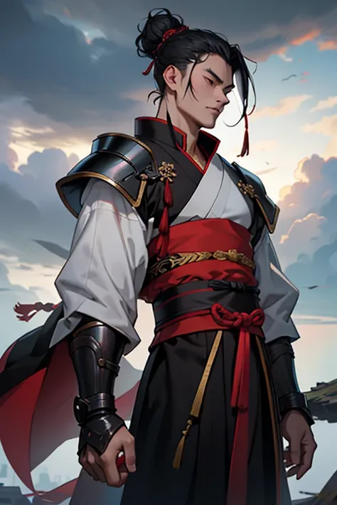 Half body of a chinese general, man, 21 years old, hair is tied in a bun, wearing black hanfu, armor and a black cloak, brave, proud, background is gray cloudy sky