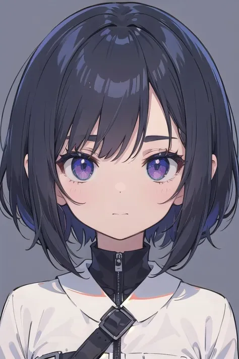 Anime-style portrait of a girl with a deep violet bob cut making eye contact with the camera, bright eyes, subtle smile, minimalistic background to emphasize character, high contrast, clean lines, digital painting, vivid colors, The girl wears her hair in ...