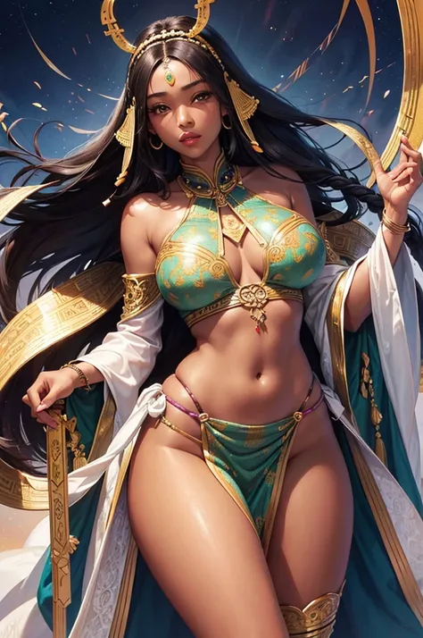 Beautiful lady who is Half African and half Japanese. Dark skin. Asian facial features. thick long hair in African braids. Wearing colorful Laplander outfit. ultra-thin-waist, ultra-wide-hips, large breasts.
