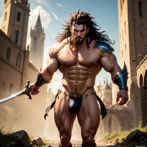 warrior man with big sword, muscular man of micro loincloth with bulge, sword in hand, upward bulge in micro loincloth, city background, bright and gleaming sword, quality image, best quality, in attack position, realistic details, magic particles, whole b...