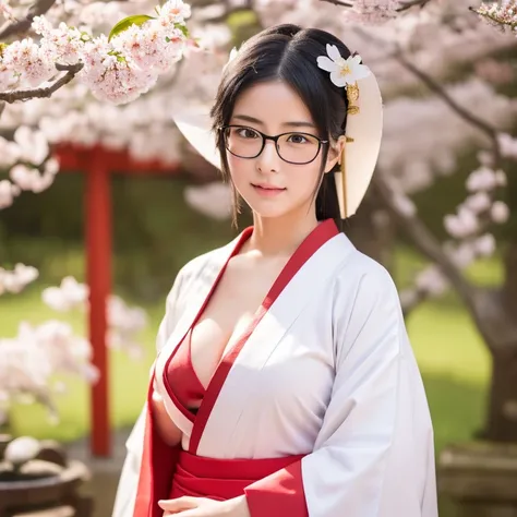 (masterpiece, highest quality, High resolution,8k), Beautiful 15 year old Japanese shrine maiden, Wear glasses, beautiful black hair, Wear glasses, Traditional Japanese shrine maiden costume,(white kimono,red hakama), big breasts, cleavage,Peaceful realist...