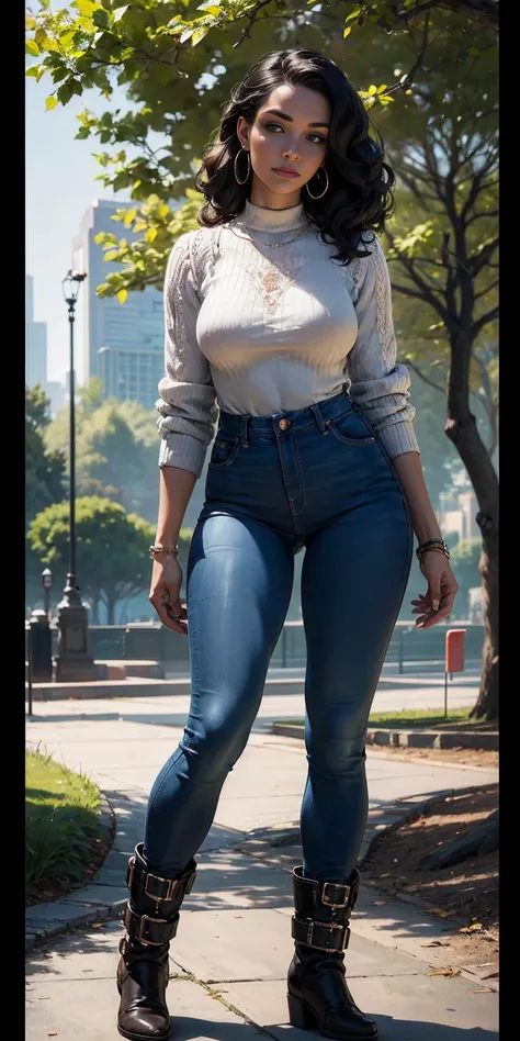 (masterpiece:1.2, best quality), (very detailed face, real picture, realistic skin, realistic body, intricate details), ((full body)), 1lady, solo, upper body, big , Dark skinny jeans, oversized sweater, ankle boots, Loose waves, simple hoop earrings, (in ...