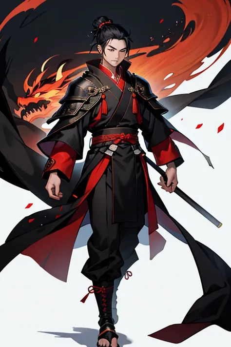 Whole body of a chinese general, man, 21 years old, hair is tied in a bun, wearing black hanfu, armor and a black cloak, brave, proud