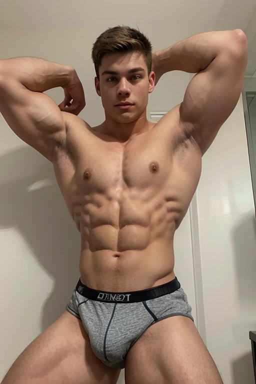 18 year old muscular boy, strong chest, thick legs, defined abdomen, strong arm, blonde and Dutch 