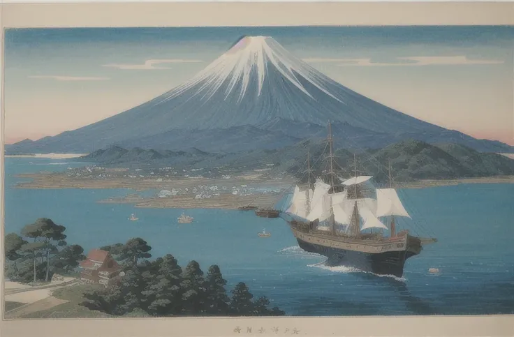 there is a painting of a boat with people on it, by Utagawa Hiroshige II, by Hiroshige, in the edo era, inspired by Ogata Gekkō, japanese scenery in edo period, inspired by Miyagawa Isshō, inspired by Sesshū Tōyō, edo era,Fuji Mountain、Port scenery of Edo、...