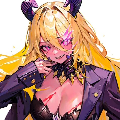 masterpiece, best quality, 8k, (g2h, gun to head, handgun, holding gun, Glock ,suicide, :1.5), cowboy shot, 1girl, bbeth, demon horns, yellow hair, purple eyes, ((business suit)), flaming eyes,crazy glowing eyes,psycho smirk, blood tears,