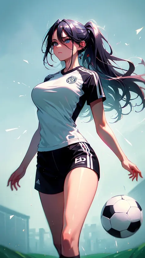 perfection personified, a beautiful woman in soccer clothing, confident and radiant against the backdrop of a lush green soccer ...