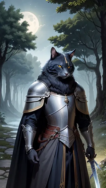 A cat knight is standing in a moonlit forest, wearing a shining armor and holding a sparkling sword. The knights eyes are fierce and determined, while its fur is glossy black, reflecting the moonlight. The knights whiskers are sharp and alert, adding to it...