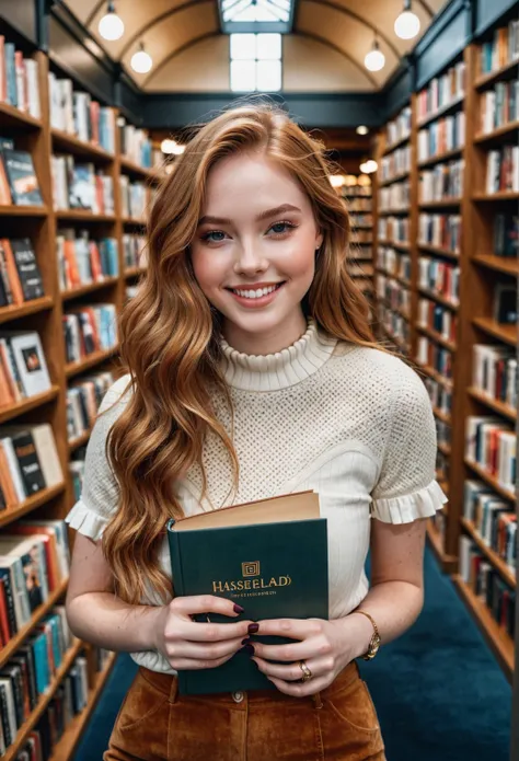 hasselblad photo of an instagram influencer, a beautiful and friendly young woman in a local bookstore, holding a book, with a b...