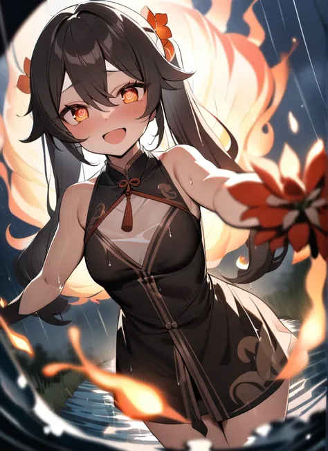 masterpiece, highest quality, 1 girl, futao (genshin impact) (cosplay),  Manjushaka, (fire:1.2) flowers, blurry, field, (water:1.2), bare shoulders, rain, moonlight, looking at the viewer, throw,  See-through, twin tails, Flower shaped eyes, laughter, Fish...